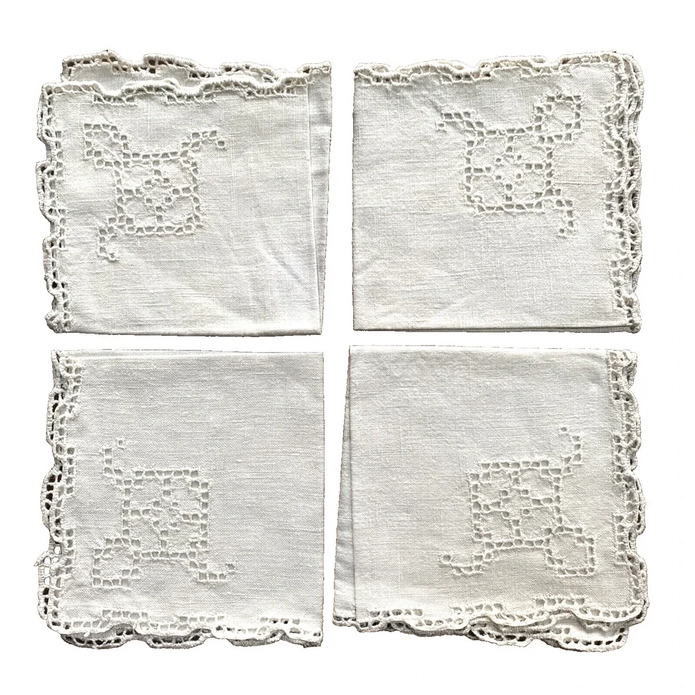 Vintage White Cotton Muslin Fabric Cocktail Napkins Cutwork Hand Finished (4)